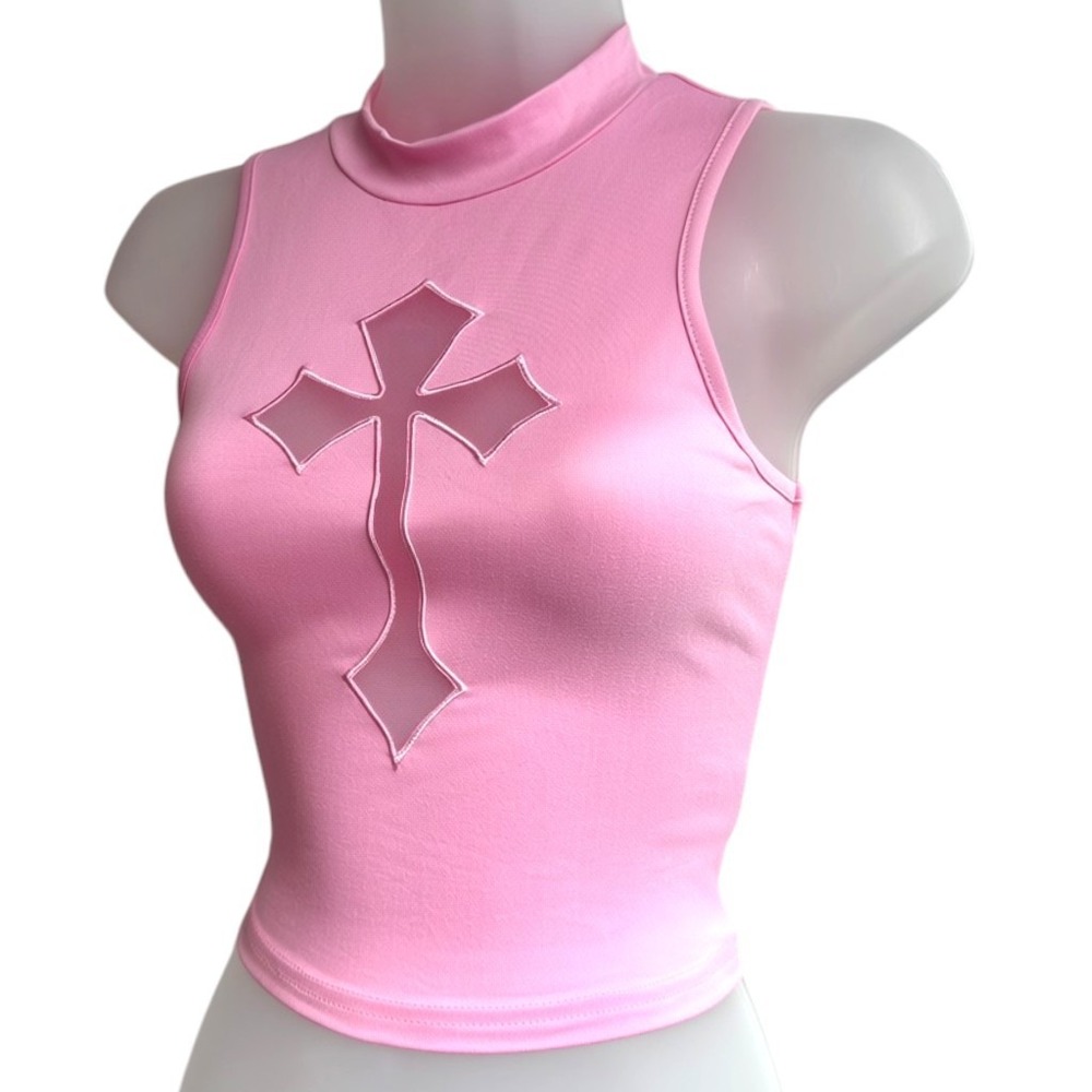 New XS Pink Sleeveless Mock Neck Crop Top Mesh Cross Cutout Kawaii Alt Style